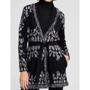 Chico's Medallion Print Black White Fringe Cardigan sz 3